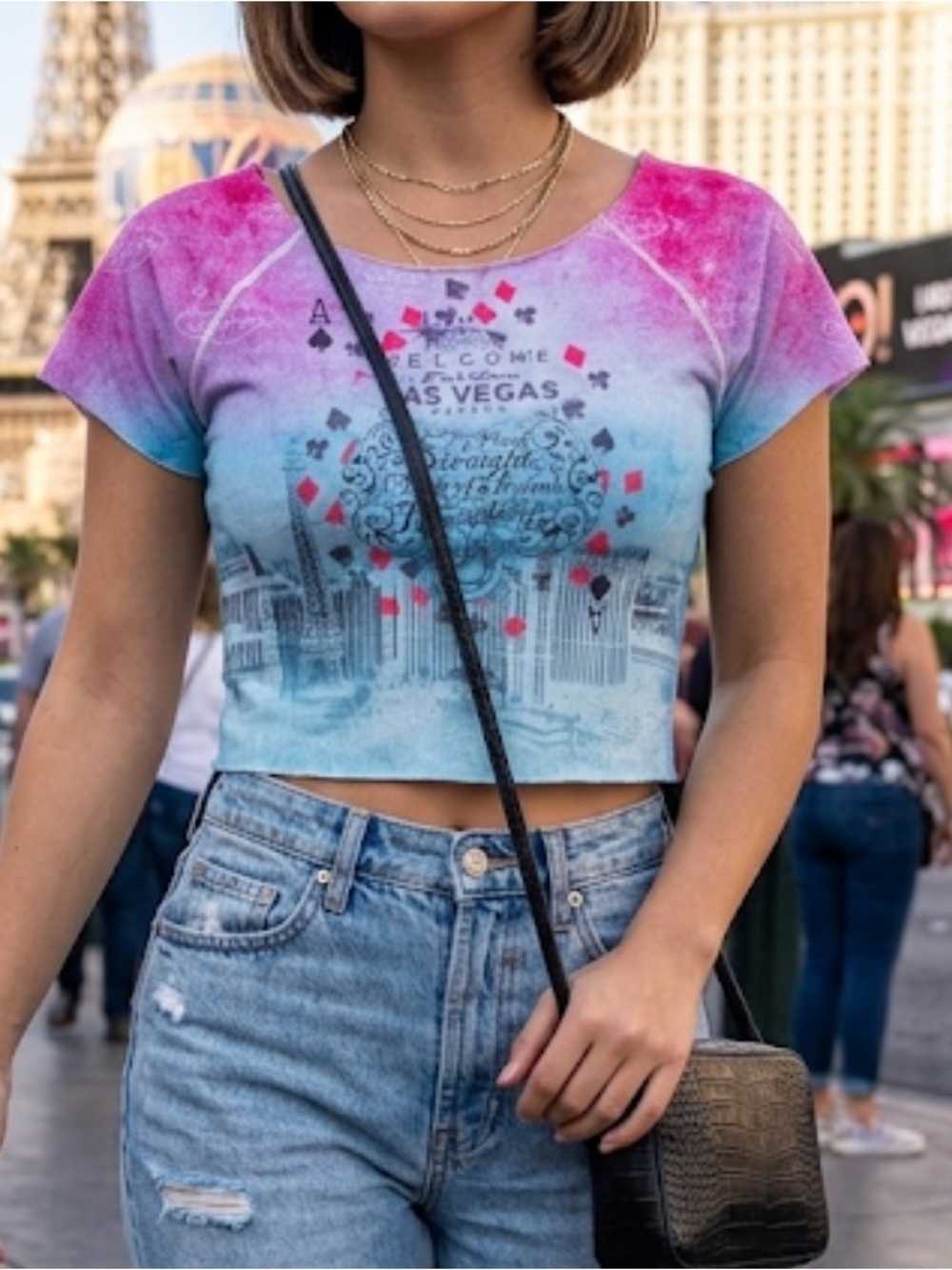 ENLIN Y2K Las Vegas Graphic Draped Slashed Back Cutout Top Ombre Blue Pink Sz S